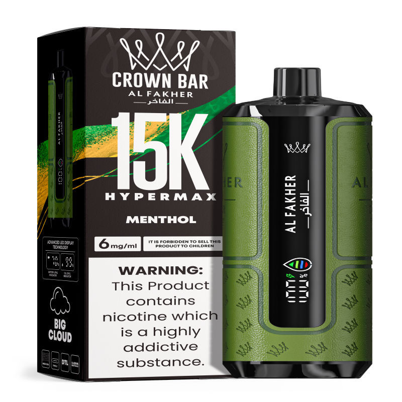 Al Fakher Hypermax Disposable 15K Puffs Vape in flavor, menthol showing the vape and the packaging.