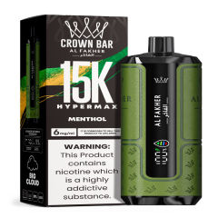 Al Fakher Hypermax Disposable 15K Puffs Vape in flavor, menthol showing the vape and the packaging.