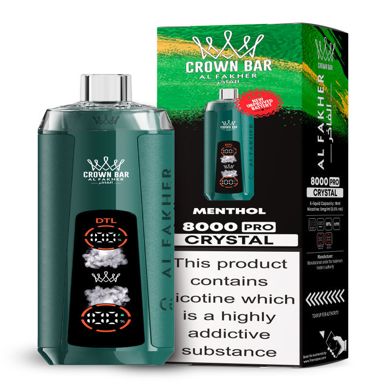 Al Fakher Crystal 8K Puffs Vape in flavor, menthol showing the vape and the box.
