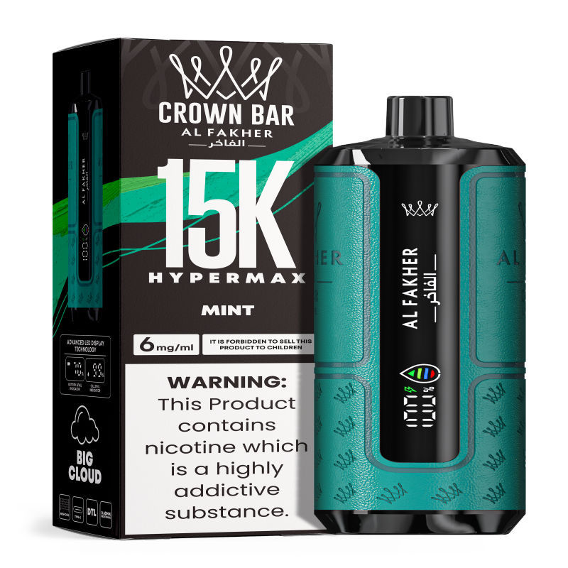 Al Fakher Hypermax Disposable 15K Puffs Vape in flavor, mint showing the vape and the packaging.