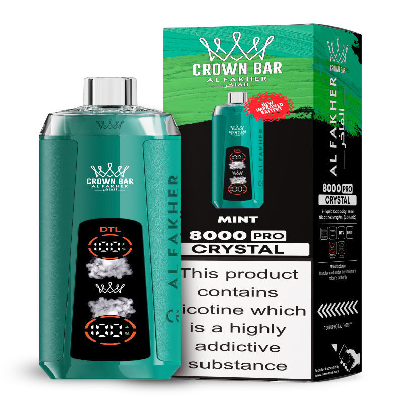 Al Fakher Crystal 8K Puffs Vape in flavor, mint showing the vape and the box.