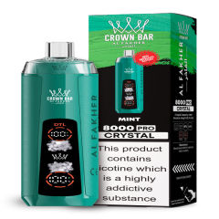 Al Fakher Crystal 8K Puffs Vape in flavor, mint showing the vape and the box.