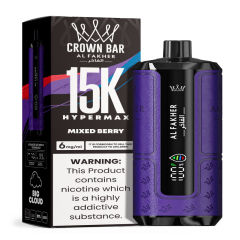 Al Fakher Hypermax Disposable 15K Puffs Vape in flavor, mixed berry showing the vape and the packaging.