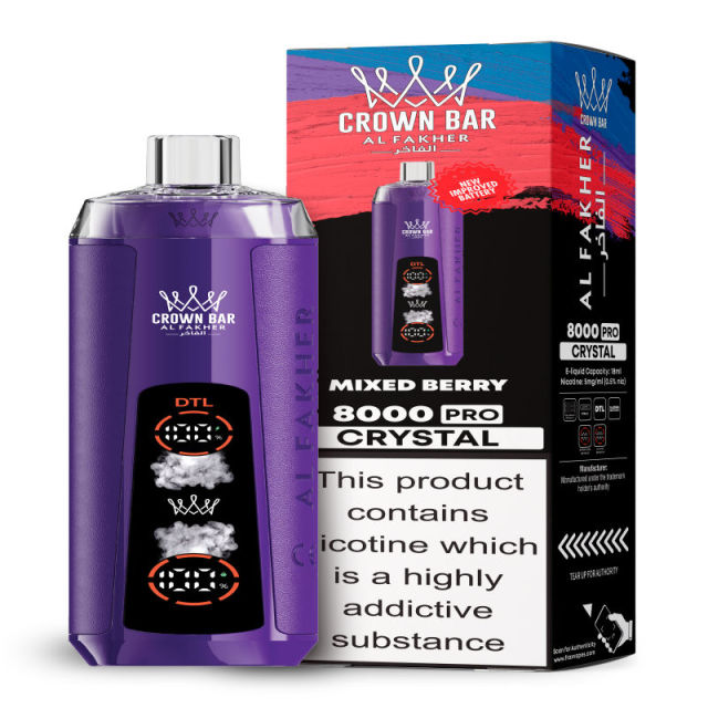 Al Fakher Crystal 8K Puffs Vape in flavor, mixed berry showing the vape and the box.