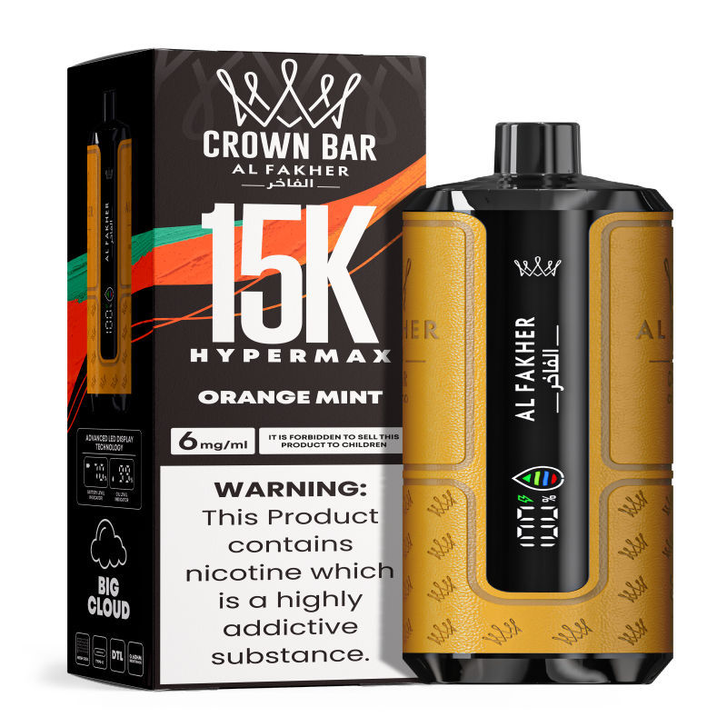 Al Fakher Hypermax Disposable 15K Puffs Vape in flavor, orange mint showing the vape and the packaging.