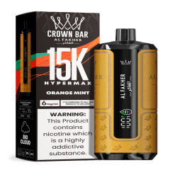 Al Fakher Hypermax Disposable 15K Puffs Vape in flavor, orange mint showing the vape and the packaging.