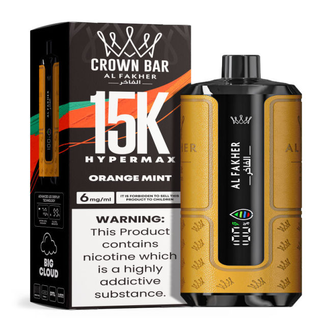 Al Fakher Hypermax Disposable 15K Puffs Vape in flavor, orange mint showing the vape and the packaging.