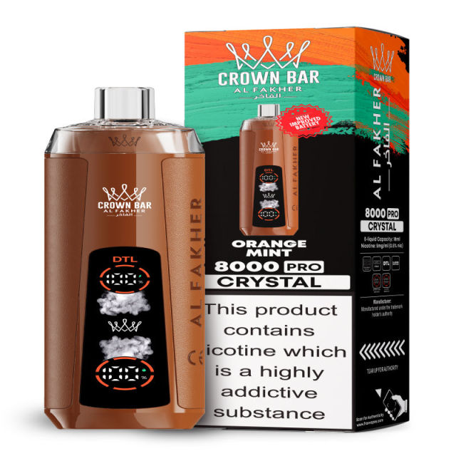 Al Fakher Crystal 8K Puffs Vape in flavor, orange mint showing the vape and the box.