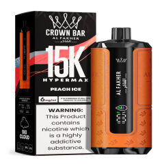 Al Fakher Hypermax Disposable 15K Puffs Vape in flavor, peach ice showing the vape and the packaging.