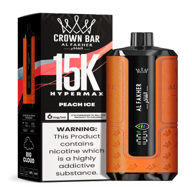 Al Fakher Hypermax Disposable 15K Puffs Vape in flavor, peach ice showing the vape and the packaging.