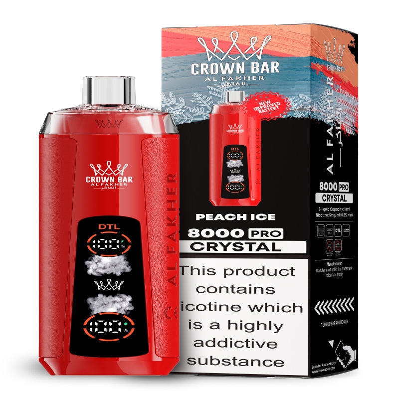 Al Fakher Crystal 8K Puffs Vape in flavor, peach ice showing the vape and the box.