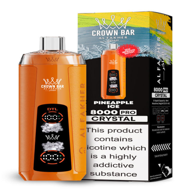 Al Fakher Crystal 8K Puffs Vape in flavor, pineapple ice showing the vape and the box.