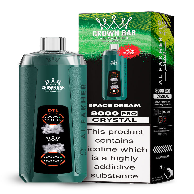 Al Fakher Crystal 8K Puffs Vape in flavor, space dream showing the vape and the box.