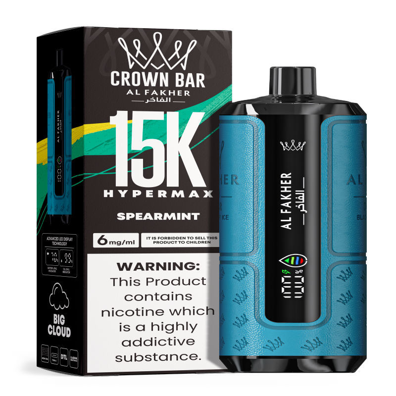 Al Fakher Hypermax Disposable 15K Puffs Vape in flavor, spearmint showing the vape and the packaging.