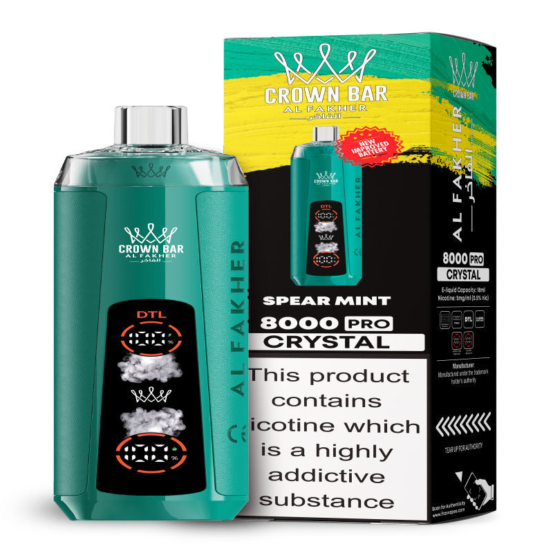 Al Fakher Crystal 8K Puffs Vape in flavor, spear mint showing the vape and the box.