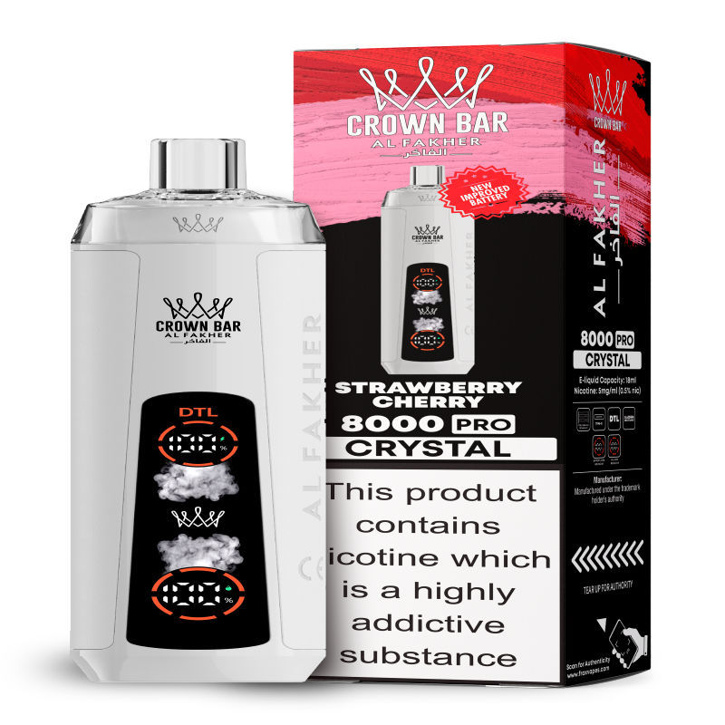 Al Fakher Crystal 8K Puffs Vape in flavor, strawberry cherry showing the vape and the box.