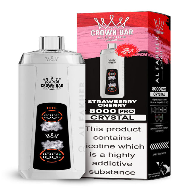 Al Fakher Crystal 8K Puffs Vape in flavor, strawberry cherry showing the vape and the box.