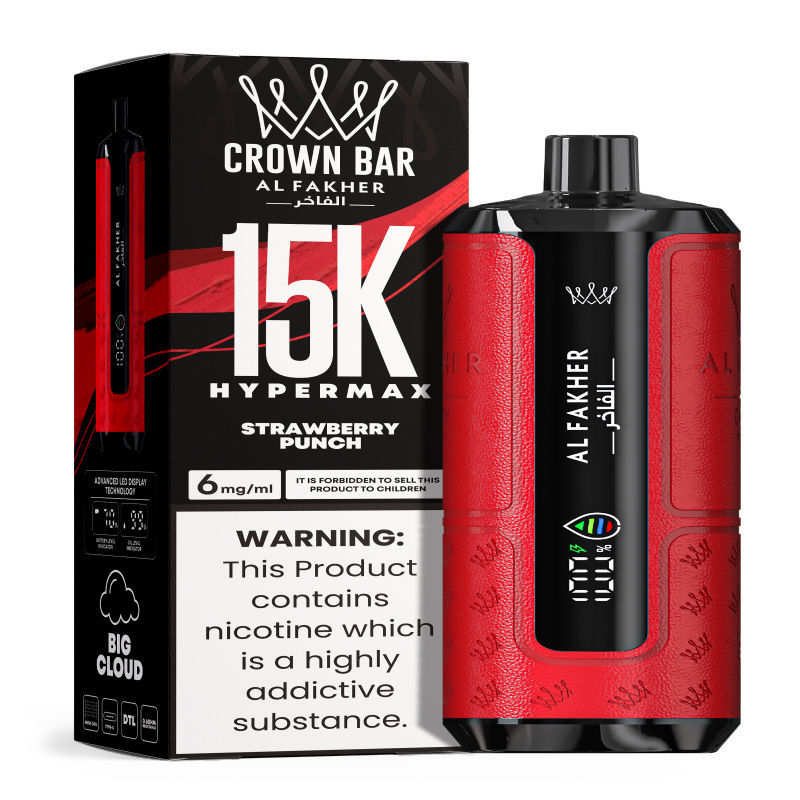 Al Fakher Hypermax Disposable 15K Puffs Vape in flavor, strawberry punch showing the vape and the packaging.