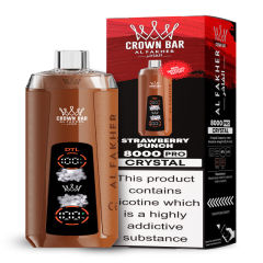 Al Fakher Crystal 8K Puffs Vape in flavor, strawberry punch showing the vape and the box.