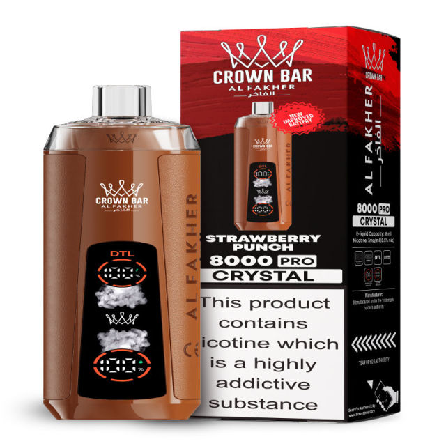 Al Fakher Crystal 8K Puffs Vape in flavor, strawberry punch showing the vape and the box.