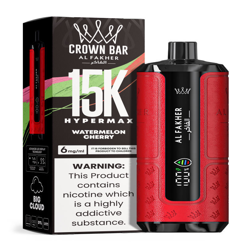 Al Fakher Hypermax Disposable 15K Puffs Vape in flavor, watermelon cherry showing the vape and the packaging.