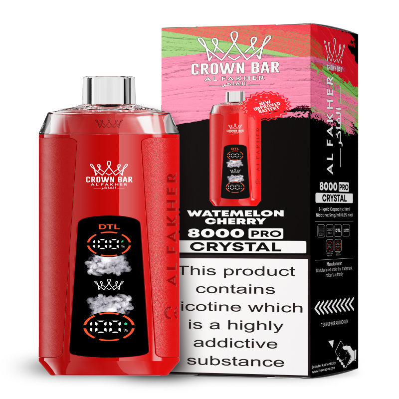 Al Fakher Crystal 8K Puffs Vape in flavor, watermelon cherry showing the vape and the box.