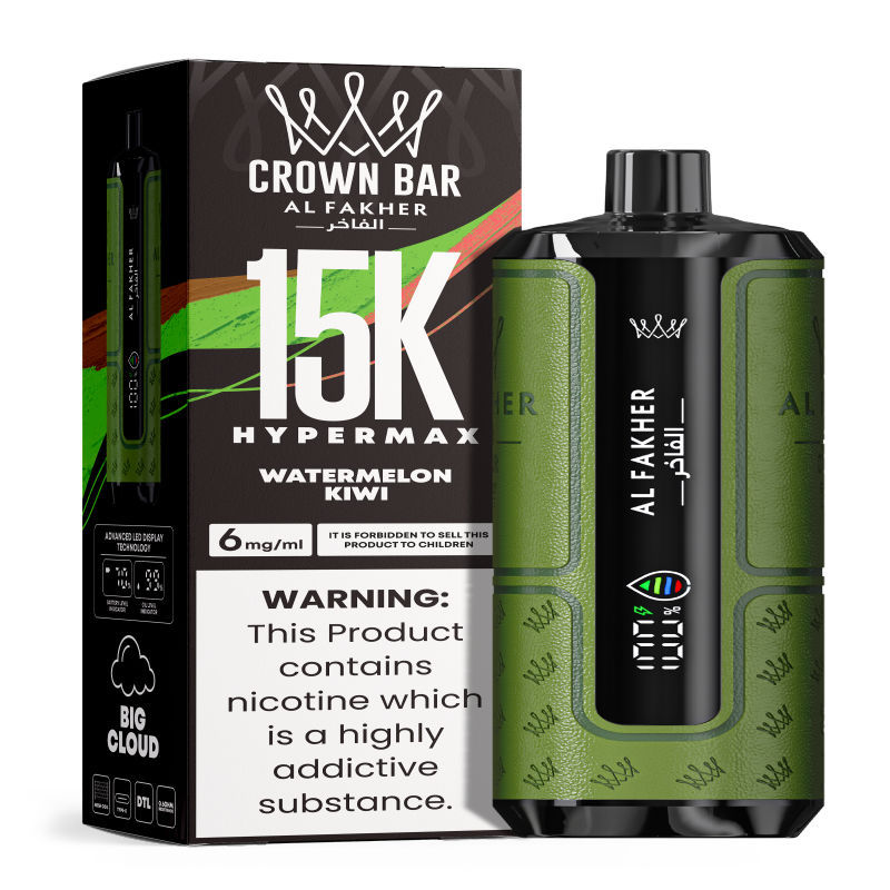 Al Fakher Hypermax Disposable 15K Puffs Vape in flavor, watermelon kiwi showing the vape and the packaging.