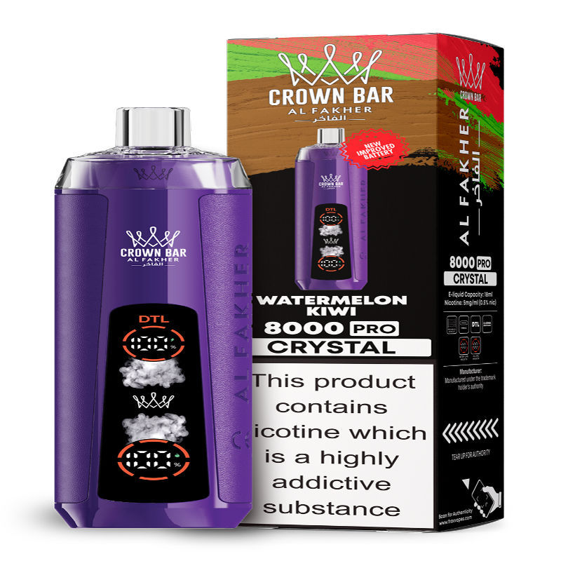 Al Fakher Crystal 8K Puffs Vape in flavor, watermelon kiwi showing the vape and the box.