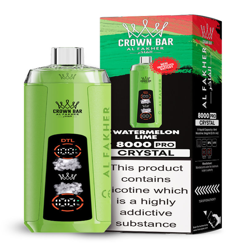 Al Fakher Crystal 8K Puffs Vape in flavor, watermelon lime showing the vape and the box.