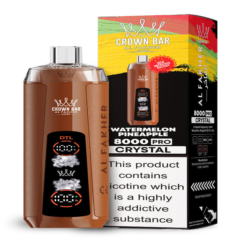 Al Fakher Crystal 8K Puffs Vape in flavor, watermelon pineapple showing the vape and the box.