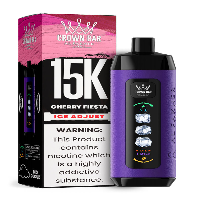 Al Fakher Ice Adjust 15K Puffs Vape in flavor, cherry fiesta showing the vape and the box.