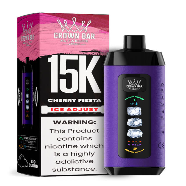 Al Fakher Ice Adjust 15K Puffs Vape in flavor, cherry fiesta showing the vape and the box.
