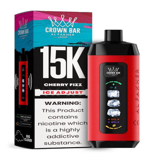 Al Fakher Ice Adjust 15K Puffs Vape in flavor, cherry fizz showing the vape and the box.
