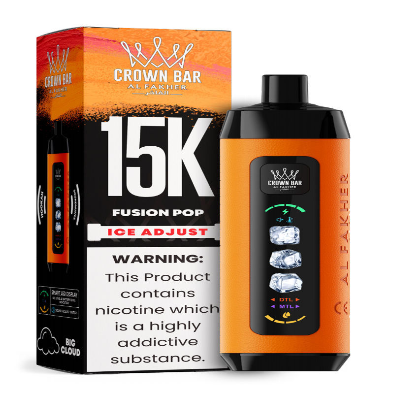 Al Fakher Ice Adjust 15K Puffs Vape in flavor, fusion pop showing the vape and the box.