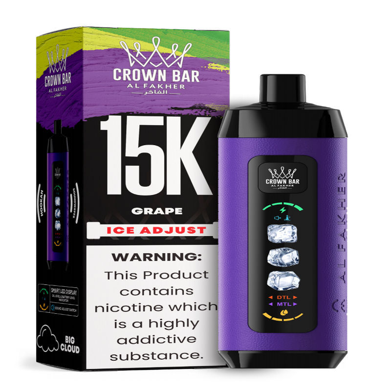Al Fakher Ice Adjust 15K Puffs Vape in flavor, grape showing the vape and the box.