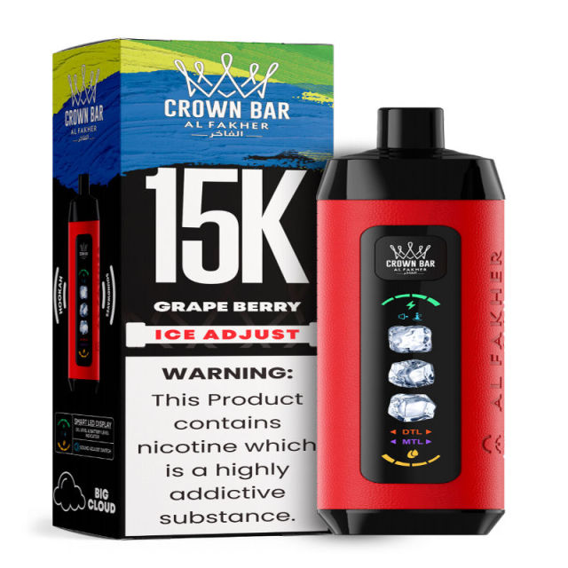 Al Fakher Ice Adjust 15K Puffs Vape in flavor, grape berry showing the vape and the box.