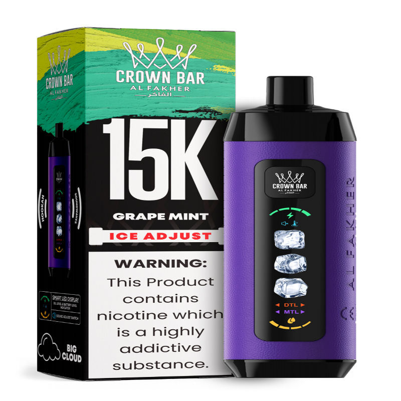Al Fakher Ice Adjust 15K Puffs Vape in flavor, grape mint showing the vape and the box.