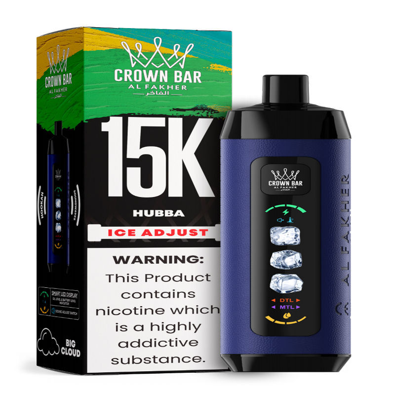 Al Fakher Ice Adjust 15K Puffs Vape in flavor, hubba showing the vape and the box.
