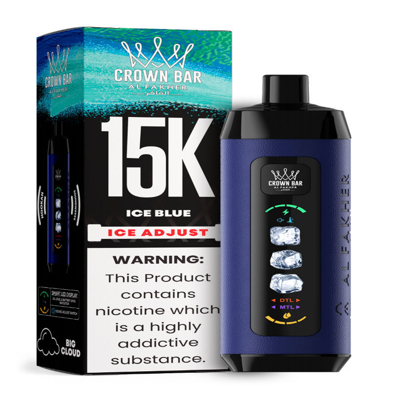 Al Fakher Ice Adjust 15K Puffs Vape in flavor, ice blue showing the vape and the box.