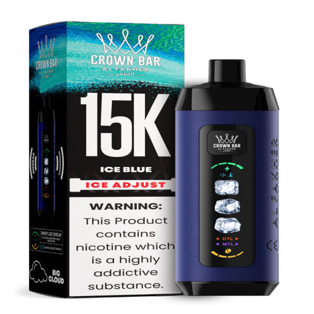 Al Fakher Ice Adjust 15K Puffs Vape in flavor, ice blue showing the vape and the box.