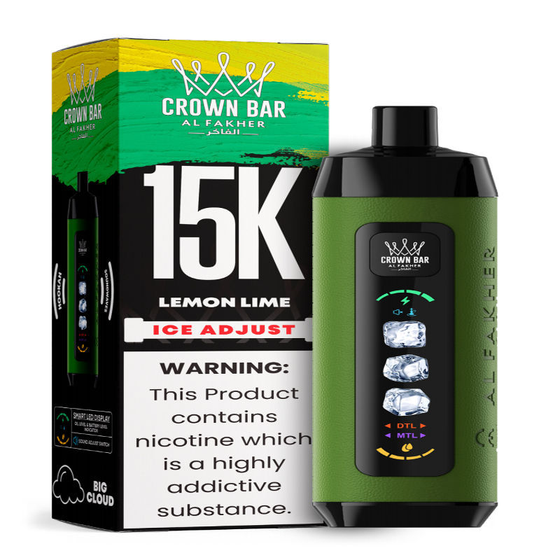 Al Fakher Ice Adjust 15K Puffs Vape in flavor, lemon lime showing the vape and the box.
