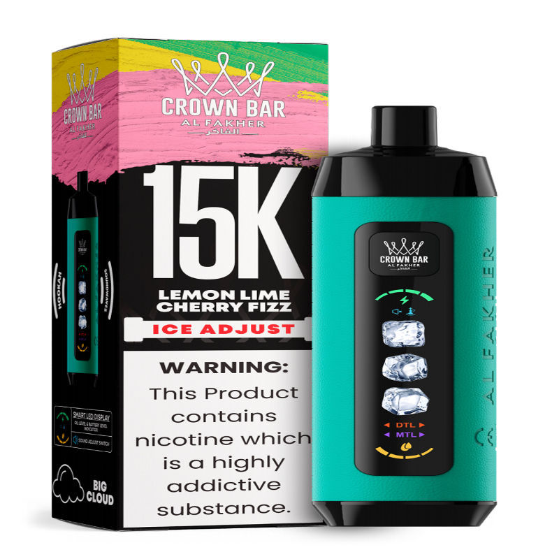 Al Fakher Ice Adjust 15K Puffs Vape in flavor, lemon lime cherry fizz showing the vape and the box.