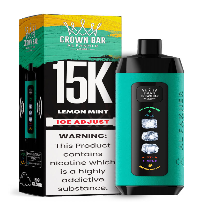 Al Fakher Ice Adjust 15K Puffs Vape in flavor, lemon mint showing the vape and the box.