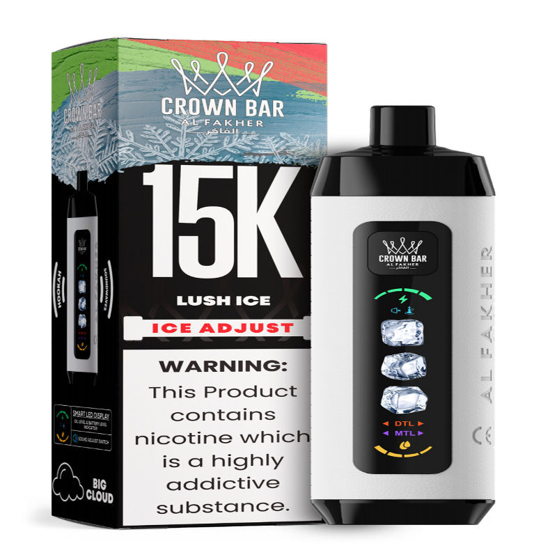 Al Fakher Ice Adjust 15K Puffs Vape in flavor, lush ice showing the vape and the box.
