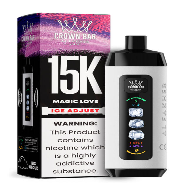 Al Fakher Ice Adjust 15K Puffs Vape in flavor, magic love showing the vape and the box.