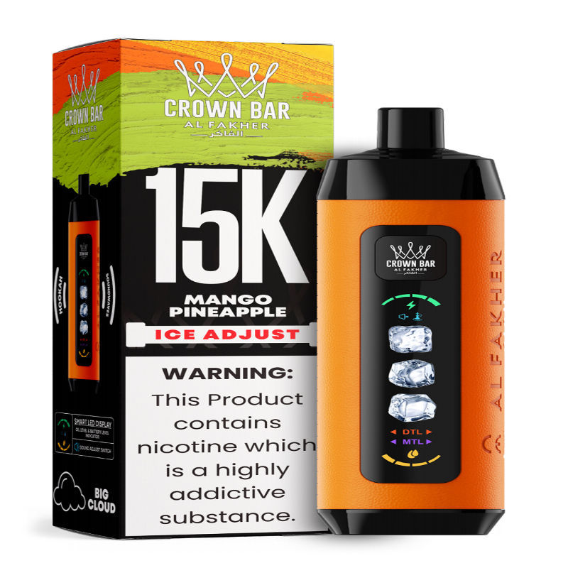 Al Fakher Ice Adjust 15K Puffs Vape in flavor, mango pineapple showing the vape and the box.