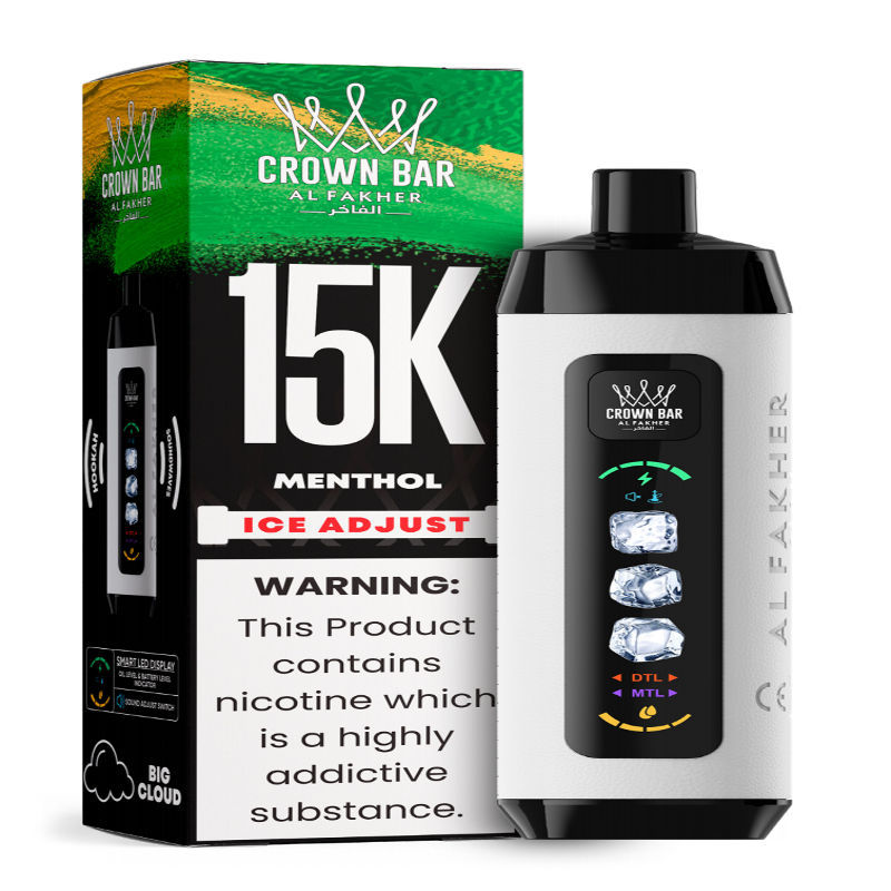 Al Fakher Ice Adjust 15K Puffs Vape in flavor, menthol showing the vape and the box.