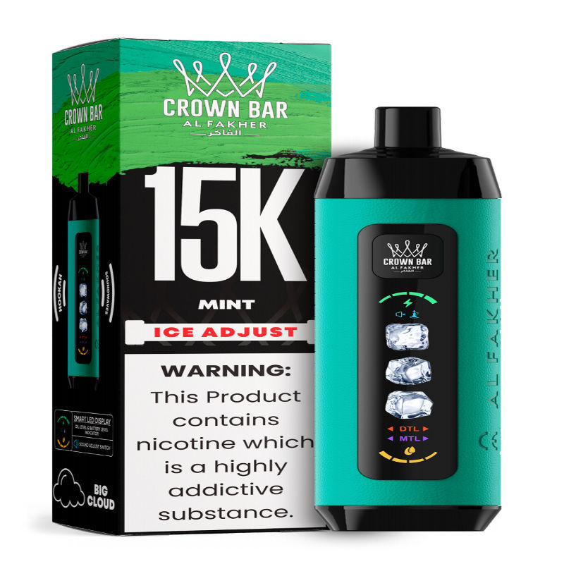 Al Fakher Ice Adjust 15K Puffs Vape in flavor, mint showing the vape and the box.