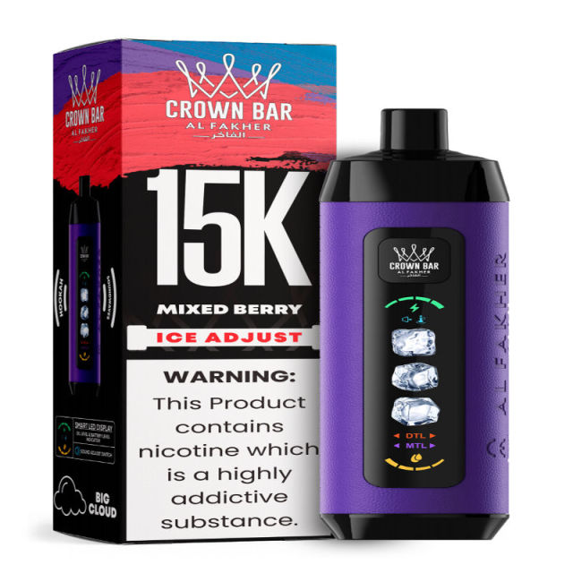 Al Fakher Ice Adjust 15K Puffs Vape in flavor, mixed berry showing the vape and the box.