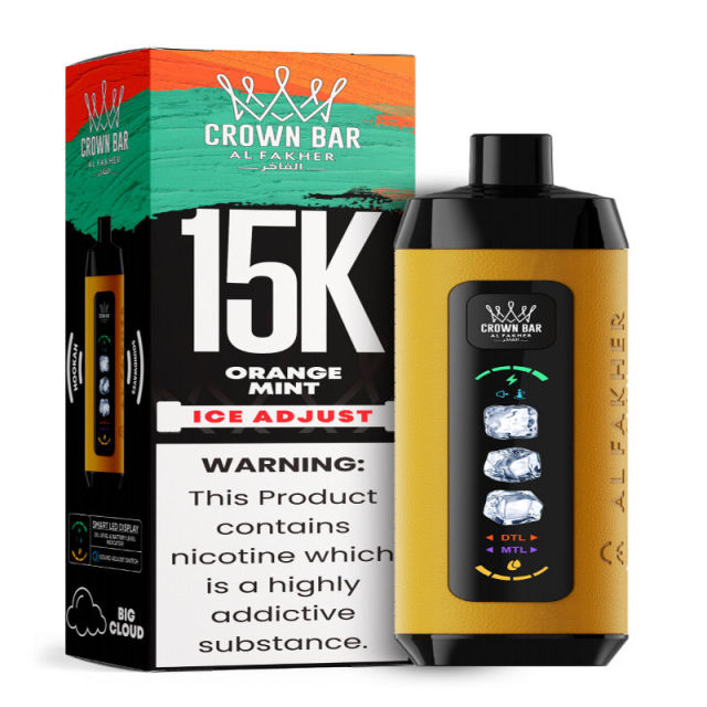 Al Fakher Ice Adjust 15K Puffs Vape in flavor, orange mint showing the vape and the box.